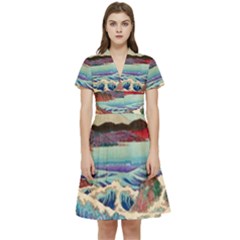 Wave Japanese Mount Fuji Short Sleeve Waist Detail Dress by Grandong