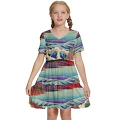 Wave Japanese Mount Fuji Kids  Short Sleeve Tiered Mini Dress by Grandong