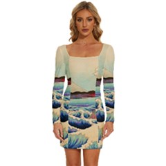 Wave Japanese Mount Fuji Long Sleeve Square Neck Bodycon Velvet Dress by Grandong