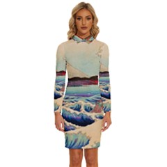 Wave Japanese Mount Fuji Long Sleeve Shirt Collar Bodycon Dress by Grandong