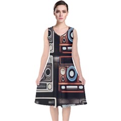 Retro Cameras Old Vintage Antique V-neck Midi Sleeveless Dress  by Grandong