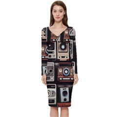 Retro Cameras Old Vintage Antique Long Sleeve V-neck Bodycon Dress  by Grandong