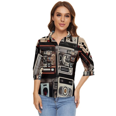 Retro Cameras Old Vintage Antique Women s Quarter Sleeve Pocket Shirt by Grandong