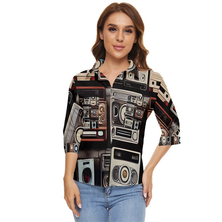 Retro Cameras Old Vintage Antique Women s Quarter Sleeve Pocket Shirt