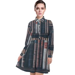 Aged Bookcase Books Bookshelves Long Sleeve Chiffon Shirt Dress by Grandong