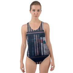 Aged Bookcase Books Bookshelves Cut-out Back One Piece Swimsuit by Grandong