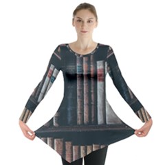 Aged Bookcase Books Bookshelves Long Sleeve Tunic  by Grandong