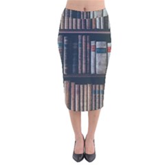 Aged Bookcase Books Bookshelves Velvet Midi Pencil Skirt by Grandong