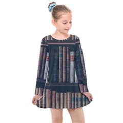 Aged Bookcase Books Bookshelves Kids  Long Sleeve Dress by Grandong