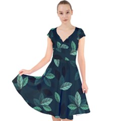 Foliage Cap Sleeve Front Wrap Midi Dress