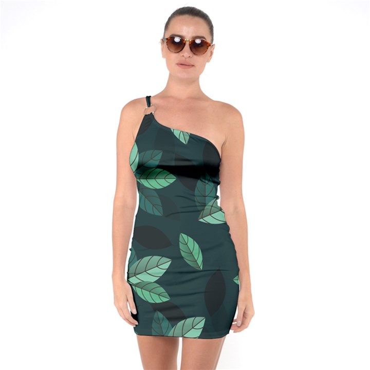 Foliage One Shoulder Ring Trim Bodycon Dress