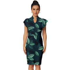 Foliage Vintage Frill Sleeve V-neck Bodycon Dress