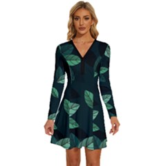 Foliage Long Sleeve Deep V Mini Dress 