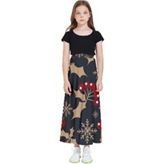 Christmas Pattern With Snowflakes Berries Kids  Flared Maxi Skirt