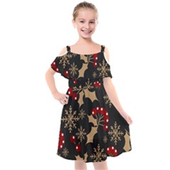 Christmas Pattern With Snowflakes Berries Kids  Cut Out Shoulders Chiffon Dress