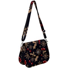 Christmas Pattern With Snowflakes Berries Saddle Handbag by Ndabl3x