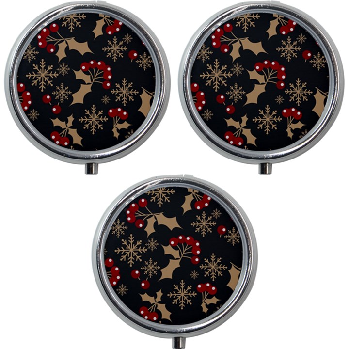 Christmas Pattern With Snowflakes Berries Mini Round Pill Box (Pack of 3)