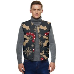 Christmas Pattern With Snowflakes Berries Men s Button Up Puffer Vest	