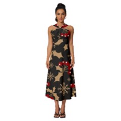 Christmas Pattern With Snowflakes Berries Sleeveless Cross Front Cocktail Midi Chiffon Dress