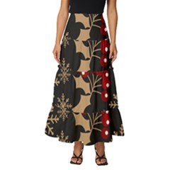 Christmas Pattern With Snowflakes Berries Tiered Ruffle Maxi Skirt