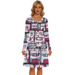 Music Symbols Rock Music Seamless Pattern Long Sleeve Dress With Pocket by Ndabl3x