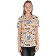 Wild Animals Seamless Pattern Women s V-neck Scrub Top by Ndabl3x