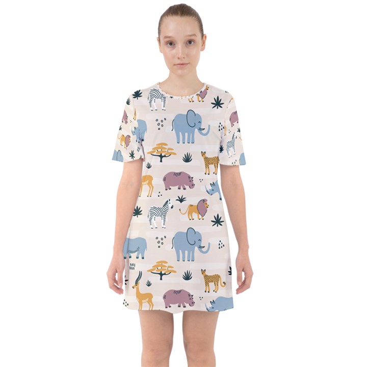 Wild Animals Seamless Pattern Sixties Short Sleeve Mini Dress