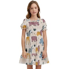 Wild Animals Seamless Pattern Kids  Puff Sleeved Dress