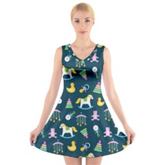 Cute Babies Toys Seamless Pattern V-neck Sleeveless Dress by Ndabl3x