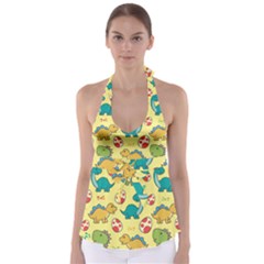 Seamless Pattern With Cute Dinosaurs Character Tie Back Tankini Top