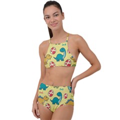 Seamless Pattern With Cute Dinosaurs Character Halter Tankini Set by Ndabl3x