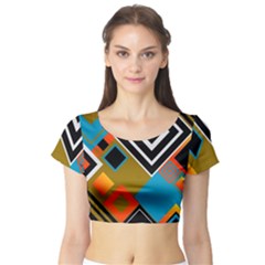 Retro Pattern Abstract Art Colorful Square Short Sleeve Crop Top by Ndabl3x