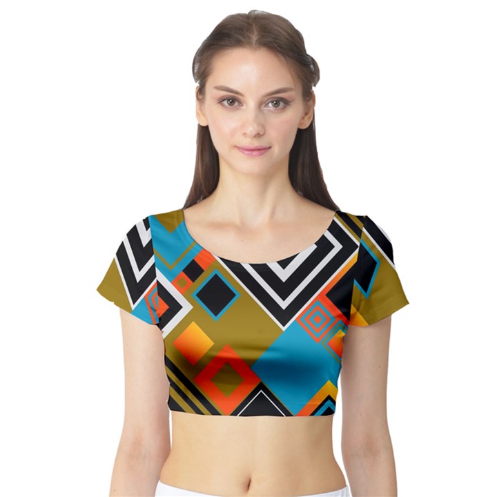 Retro Pattern Abstract Art Colorful Square Short Sleeve Crop Top