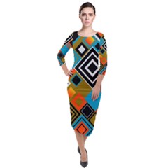 Retro Pattern Abstract Art Colorful Square Quarter Sleeve Midi Velour Bodycon Dress