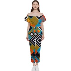 Retro Pattern Abstract Art Colorful Square Bardot Ruffle Jumpsuit by Ndabl3x