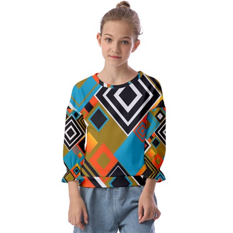 Retro Pattern Abstract Art Colorful Square Kids  Cuff Sleeve Top by Ndabl3x