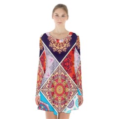 Mandala Pattern Long Sleeve Velvet V-neck Dress by Ndabl3x