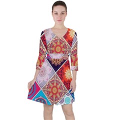 Mandala Pattern Quarter Sleeve Ruffle Waist Dress by Ndabl3x