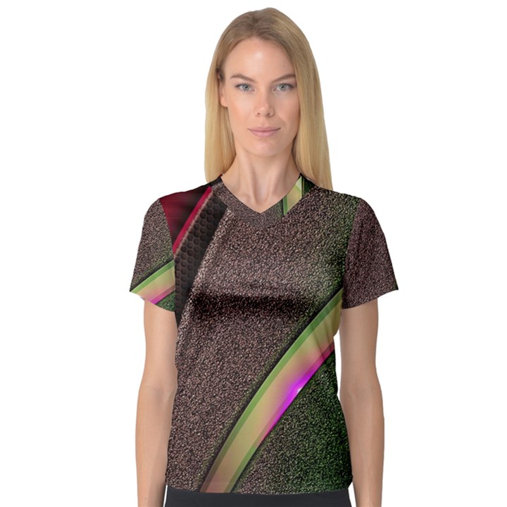 Abstract Curve Pattern Red V-Neck Sport Mesh T-Shirt