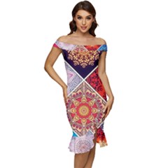 Mandala Pattern Off Shoulder Ruffle Split Hem Bodycon Dress by Ndabl3x