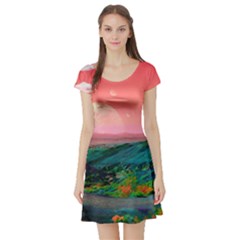 Unicorn Valley Aesthetic Clouds Landscape Mountain Nature Pop Art Surrealism Retrowave Short Sleeve Skater Dress by Cemarart