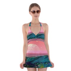 Unicorn Valley Aesthetic Clouds Landscape Mountain Nature Pop Art Surrealism Retrowave Halter Dress Swimsuit  by Cemarart