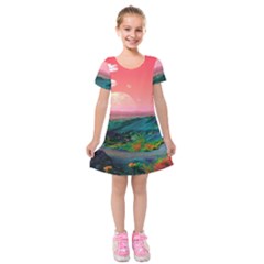 Unicorn Valley Aesthetic Clouds Landscape Mountain Nature Pop Art Surrealism Retrowave Kids  Short Sleeve Velvet Dress by Cemarart