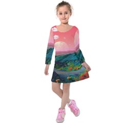 Unicorn Valley Aesthetic Clouds Landscape Mountain Nature Pop Art Surrealism Retrowave Kids  Long Sleeve Velvet Dress by Cemarart