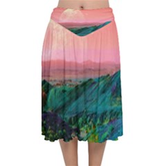 Unicorn Valley Aesthetic Clouds Landscape Mountain Nature Pop Art Surrealism Retrowave Velvet Flared Midi Skirt by Cemarart