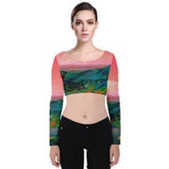 Unicorn Valley Aesthetic Clouds Landscape Mountain Nature Pop Art Surrealism Retrowave Velvet Long Sleeve Crop Top by Cemarart