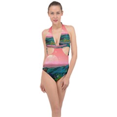 Unicorn Valley Aesthetic Clouds Landscape Mountain Nature Pop Art Surrealism Retrowave Halter Front Plunge Swimsuit by Cemarart