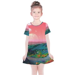 Unicorn Valley Aesthetic Clouds Landscape Mountain Nature Pop Art Surrealism Retrowave Kids  Simple Cotton Dress by Cemarart