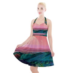 Unicorn Valley Aesthetic Clouds Landscape Mountain Nature Pop Art Surrealism Retrowave Halter Party Swing Dress  by Cemarart