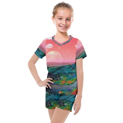 Unicorn Valley Aesthetic Clouds Landscape Mountain Nature Pop Art Surrealism Retrowave Kids  Mesh T-shirt And Shorts Set by Cemarart